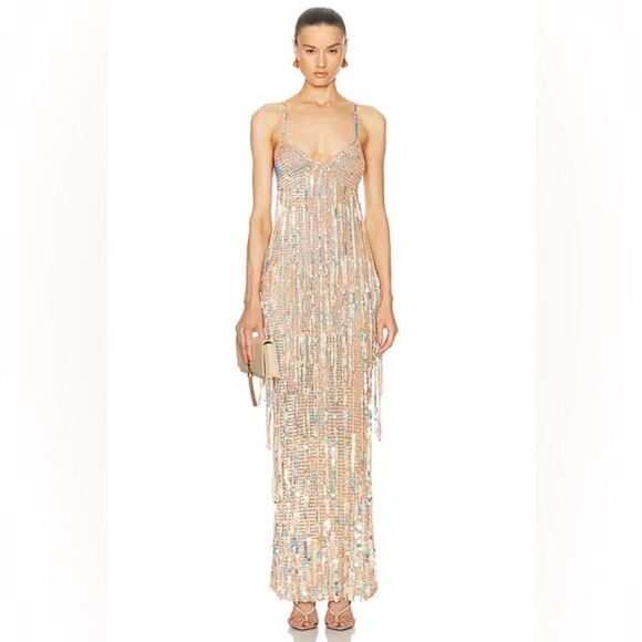 Retrofete Mevia Sequin Fringe Crochet Maxi Dress Optic White XS/S - Picture 1 of 13